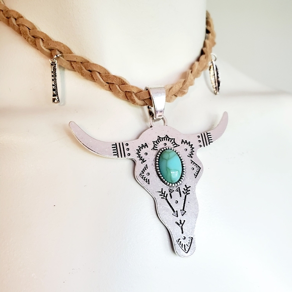 Turquoise Steer Head Western Necklace /choker - Picture 6 of 10